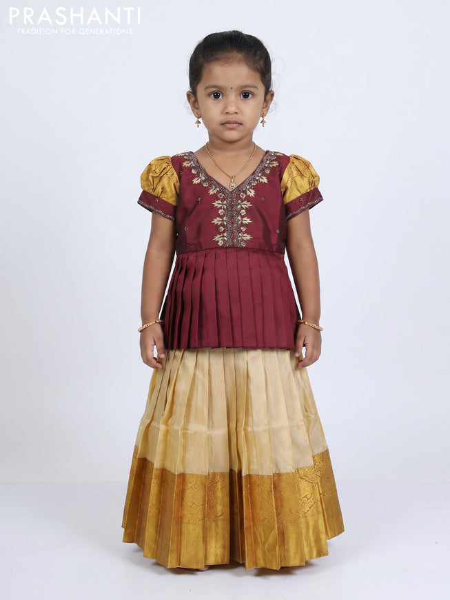 Pure silk kids Lehenga maroon and cream with embroidery neck pattern and puff sleeve
