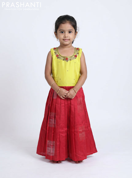 Pure silk kids Lehenga lime yellow and red with embroidery neck pattern and sleeveless style