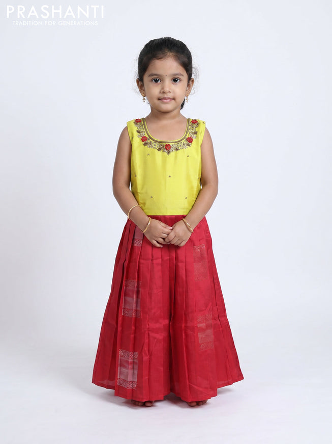Pure silk kids Lehenga lime yellow and red with embroidery neck pattern and sleeveless style