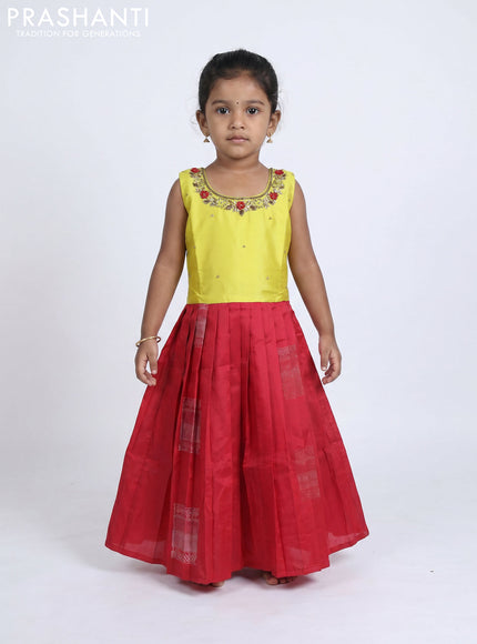 Pure silk kids Lehenga lime yellow and red with embroidery neck pattern and sleeveless style