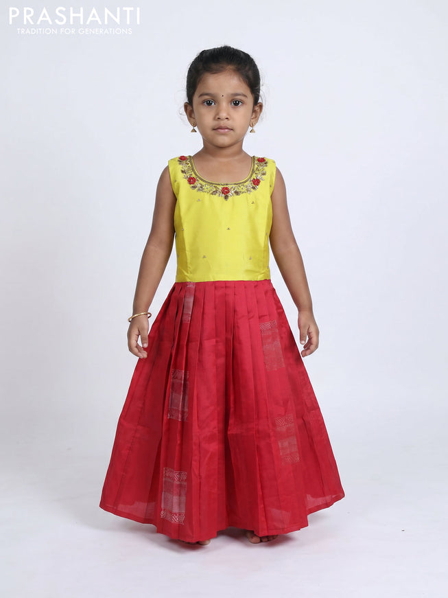 Pure silk kids Lehenga lime yellow and red with embroidery neck pattern and sleeveless style
