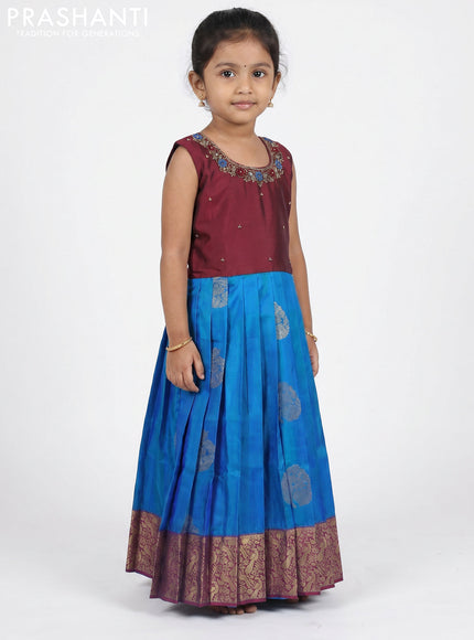 Pure silk kids Lehenga deep maroon and dual tone blue with embroidery neck pattern and sleeveless style