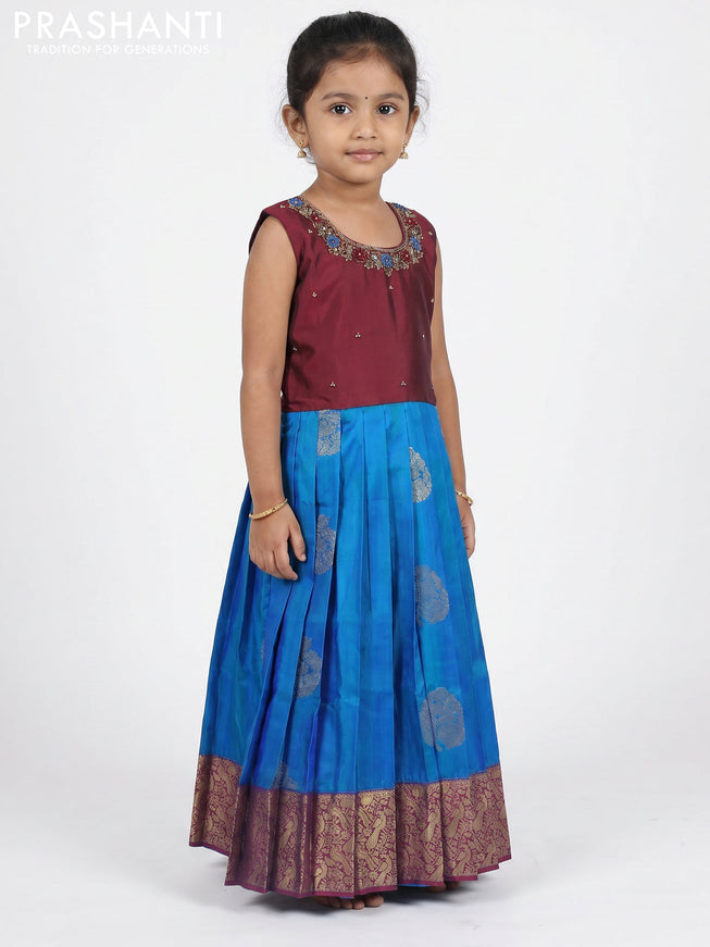 Pure silk kids Lehenga deep maroon and dual tone blue with embroidery neck pattern and sleeveless style
