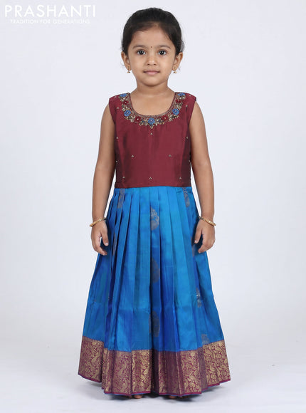 Pure silk kids Lehenga deep maroon and dual tone blue with embroidery neck pattern and sleeveless style