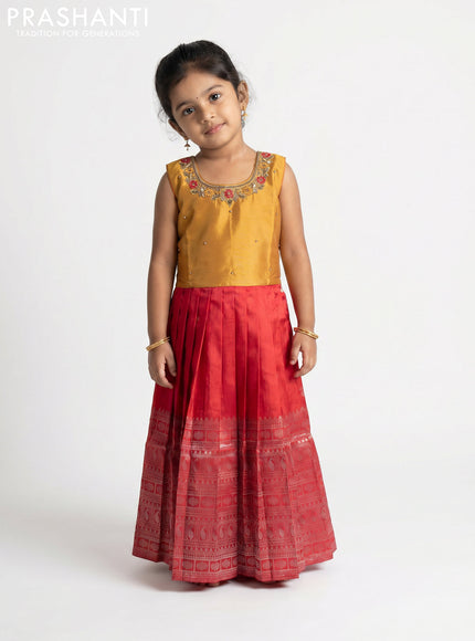 Pure silk kids Lehenga dark mustard and red with embroidery neck pattern and sleeveless style
