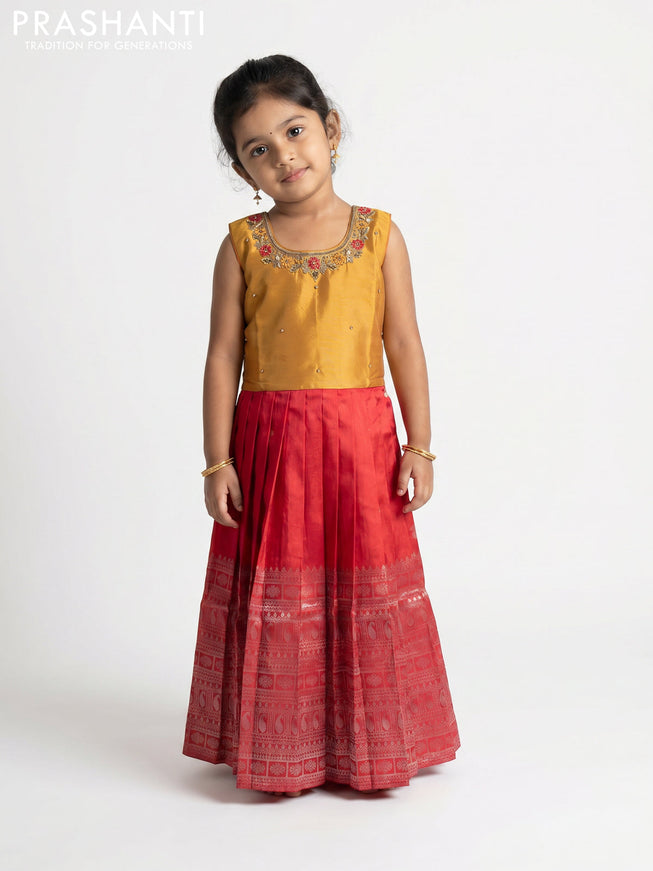 Pure silk kids Lehenga dark mustard and red with embroidery neck pattern and sleeveless style
