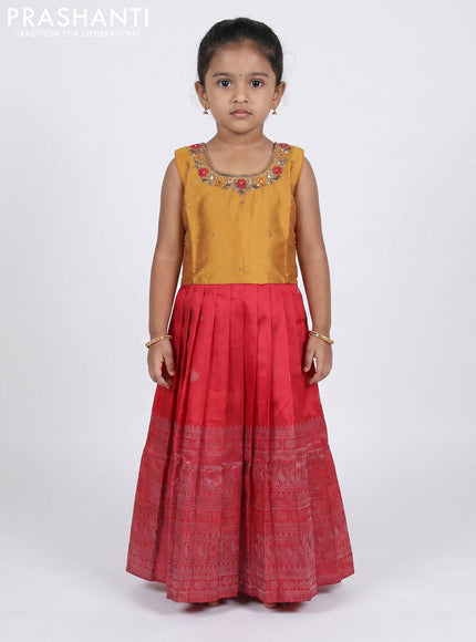 Pure silk kids Lehenga dark mustard and red with embroidery neck pattern and sleeveless style