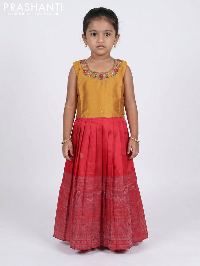 Pure silk kids Lehenga dark mustard and red with embroidery neck pattern and sleeveless style