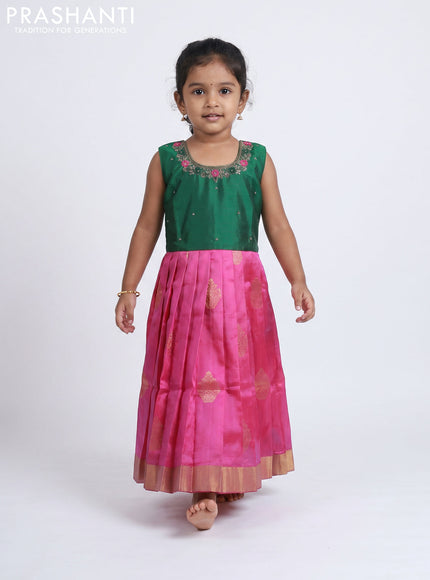 Pure silk kids Lehenga green and pink with embroidery neck pattern and sleeveless style