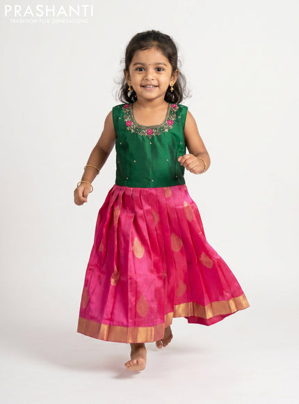 Pure silk kids Lehenga green and pink with embroidery neck pattern and sleeveless style