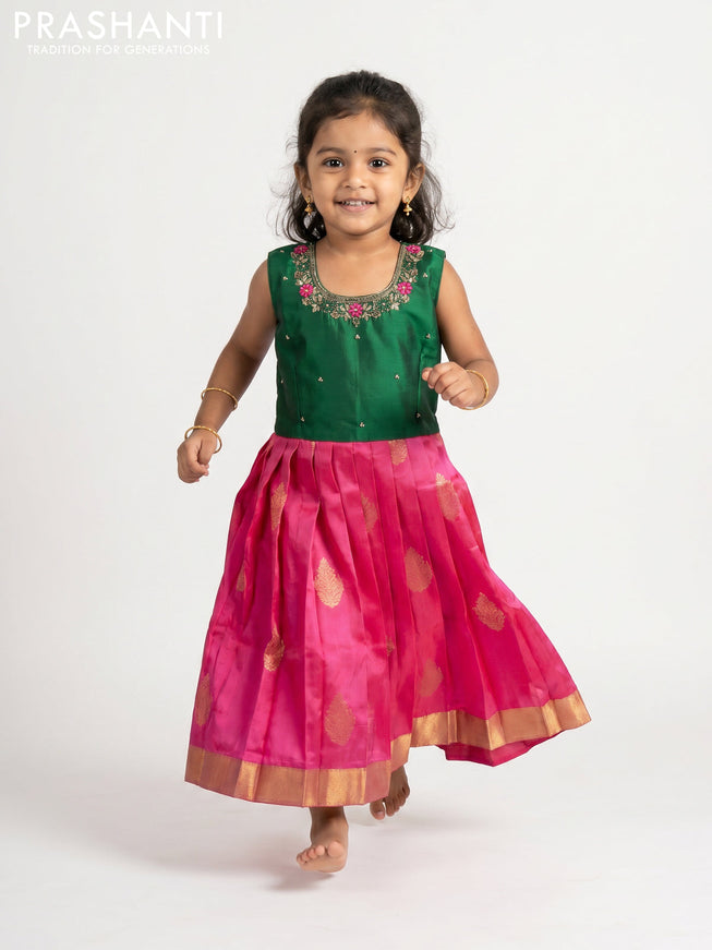 Pure silk kids Lehenga green and pink with embroidery neck pattern and sleeveless style