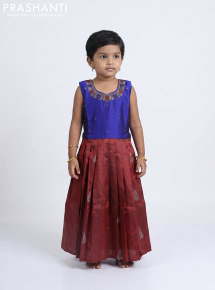Pure silk kids Lehenga blue and maroon with embroidery neck pattern and sleeveless style