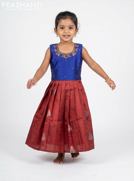 Pure silk kids Lehenga blue and maroon with embroidery neck pattern and sleeveless style