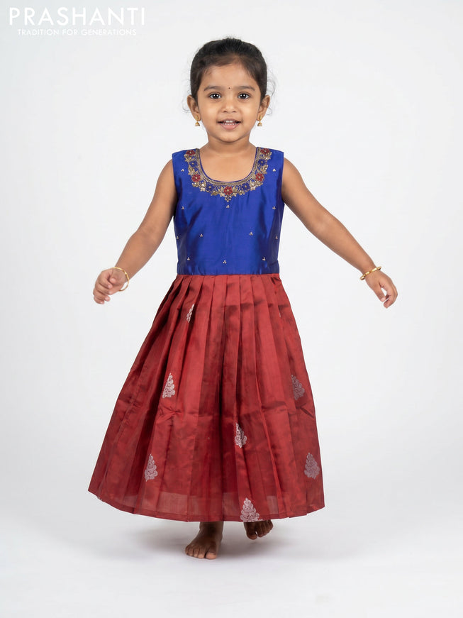 Pure silk kids Lehenga blue and maroon with embroidery neck pattern and sleeveless style