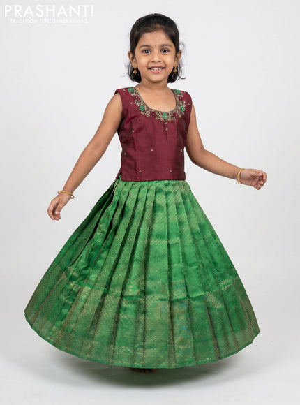 Pure silk kids Lehenga maroon and green with embroidery neck pattern and sleeveless style