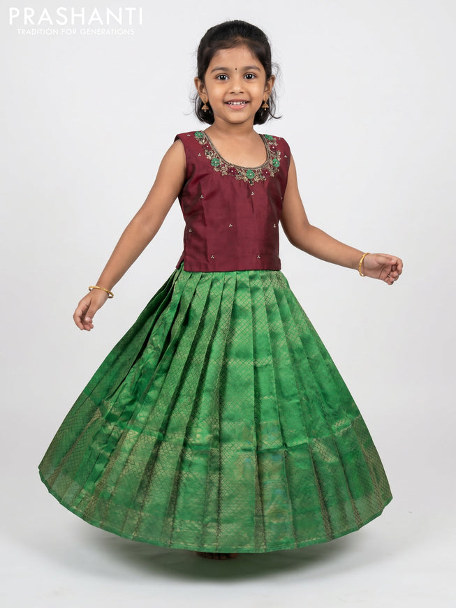 Pure silk kids Lehenga maroon and green with embroidery neck pattern and sleeveless style