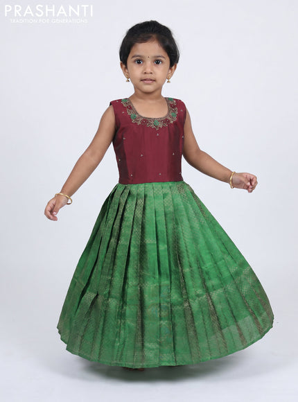 Pure silk kids Lehenga maroon and green with embroidery neck pattern and sleeveless style