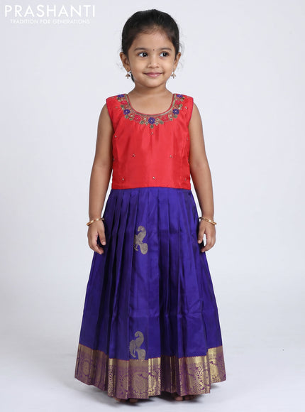 Pure silk kids Lehenga red and blue with embroidery neck pattern and sleeveless style