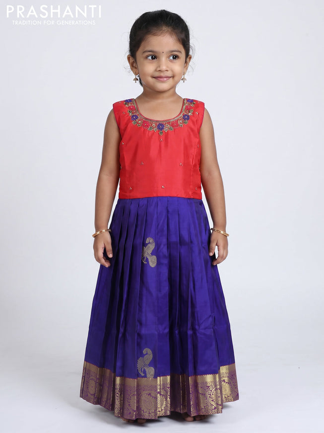 Pure silk kids Lehenga red and blue with embroidery neck pattern and sleeveless style