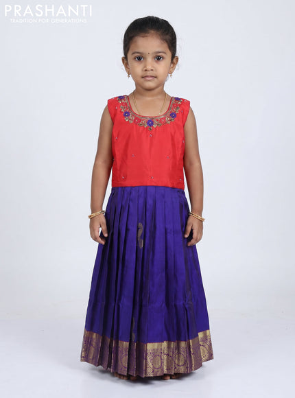 Pure silk kids Lehenga red and blue with embroidery neck pattern and sleeveless style