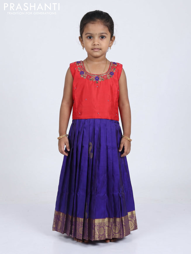 Pure silk kids Lehenga red and blue with embroidery neck pattern and sleeveless style
