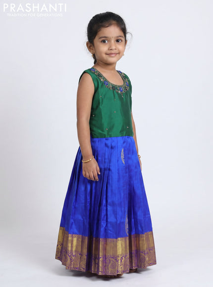 Pure silk kids Lehenga dark green and royal blue with embroidery neck pattern and sleeveless style