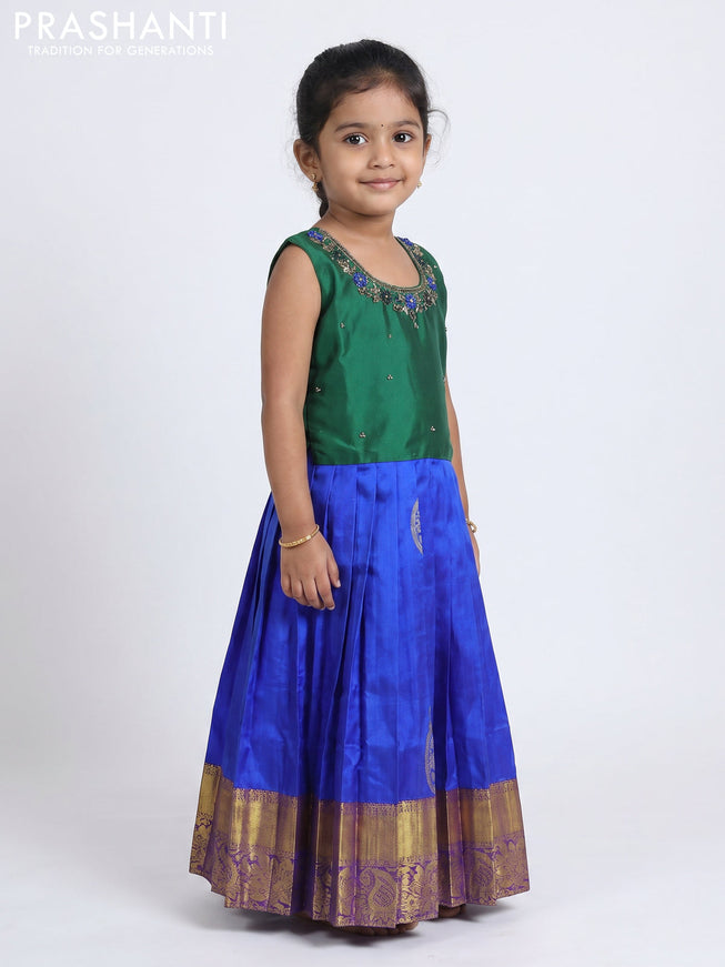 Pure silk kids Lehenga dark green and royal blue with embroidery neck pattern and sleeveless style