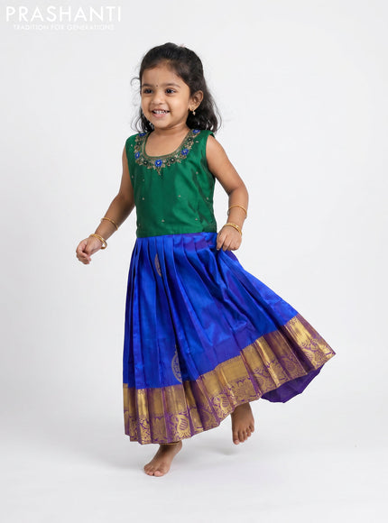 Pure silk kids Lehenga dark green and royal blue with embroidery neck pattern and sleeveless style
