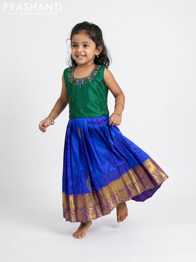 Pure silk kids Lehenga dark green and royal blue with embroidery neck pattern and sleeveless style