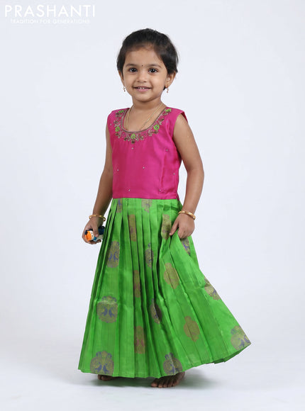 Pure silk kids Lehenga pink and parrot green with embroidery neck pattern and sleeveless style