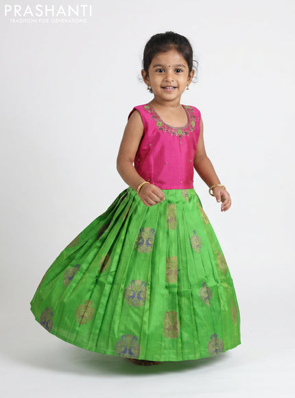 Pure silk kids Lehenga pink and parrot green with embroidery neck pattern and sleeveless style