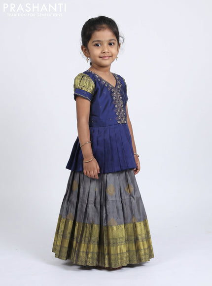 Pure silk kids Lehenga navy blue and grey with embroidery neck pattern and puff sleeve