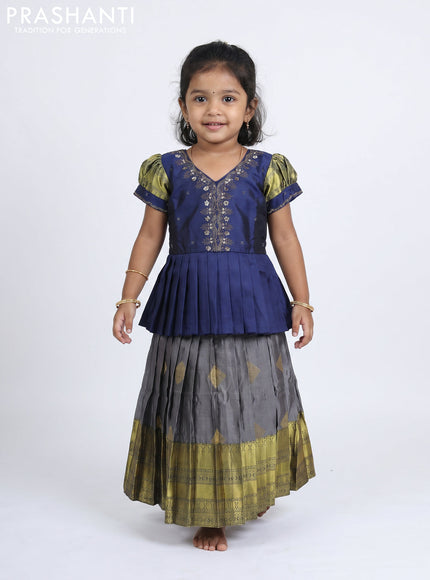 Pure silk kids Lehenga navy blue and grey with embroidery neck pattern and puff sleeve