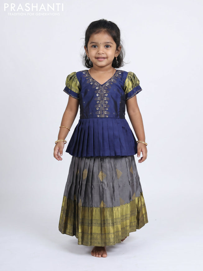 Pure silk kids Lehenga navy blue and grey with embroidery neck pattern and puff sleeve