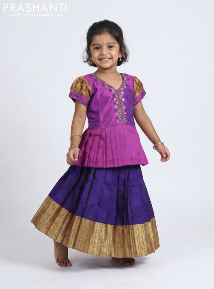 Pure silk kids Lehenga purple and blue with embroidery neck pattern and puff sleeve