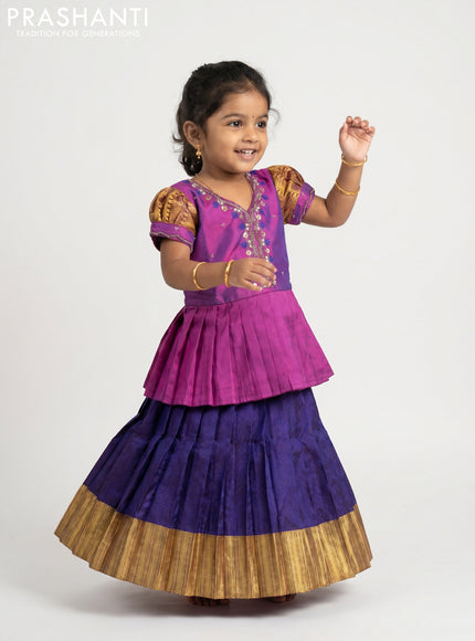 Pure silk kids Lehenga purple and blue with embroidery neck pattern and puff sleeve