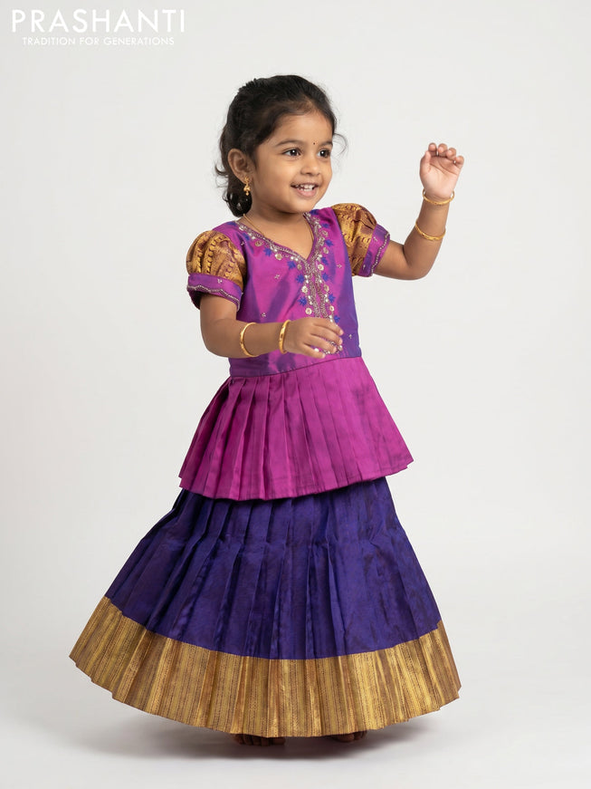 Pure silk kids Lehenga purple and blue with embroidery neck pattern and puff sleeve