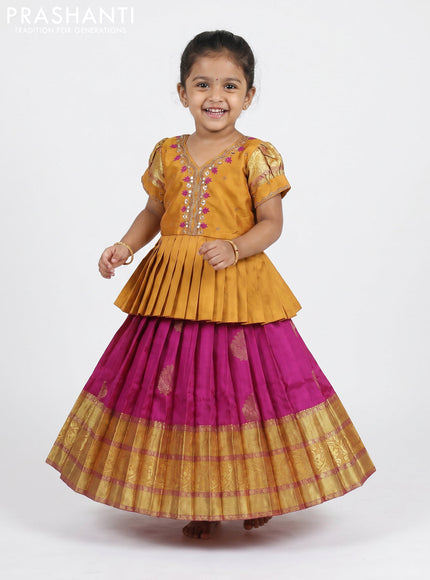 Pure silk kids Lehenga dark mustard and dark magenta pink with embroidery neck pattern and puff sleeve