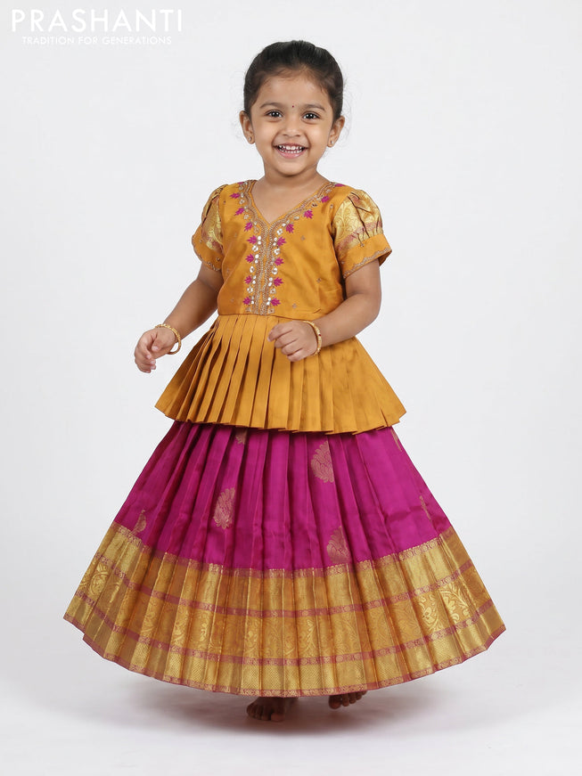 Pure silk kids Lehenga dark mustard and dark magenta pink with embroidery neck pattern and puff sleeve