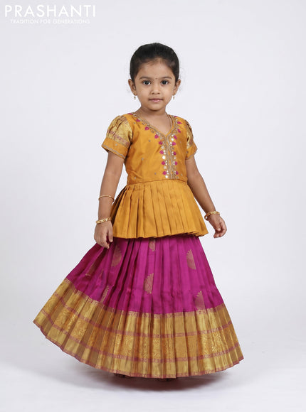 Pure silk kids Lehenga dark mustard and dark magenta pink with embroidery neck pattern and puff sleeve