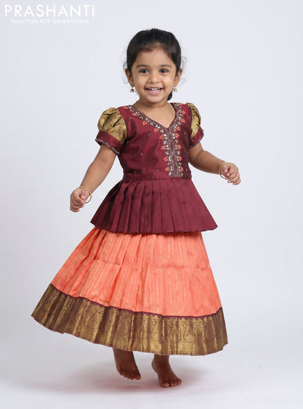 Pure silk kids Lehenga maroon and peach orange with embroidery neck pattern and puff sleeve