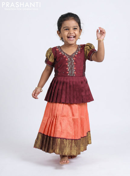Pure silk kids Lehenga maroon and peach orange with embroidery neck pattern and puff sleeve
