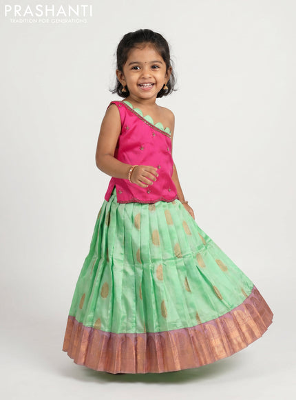Pure silk kids Lehenga pink and mint green with embroidery neck pattern and sleeveless style
