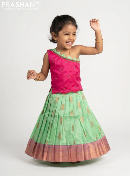Pure silk kids Lehenga pink and mint green with embroidery neck pattern and sleeveless style