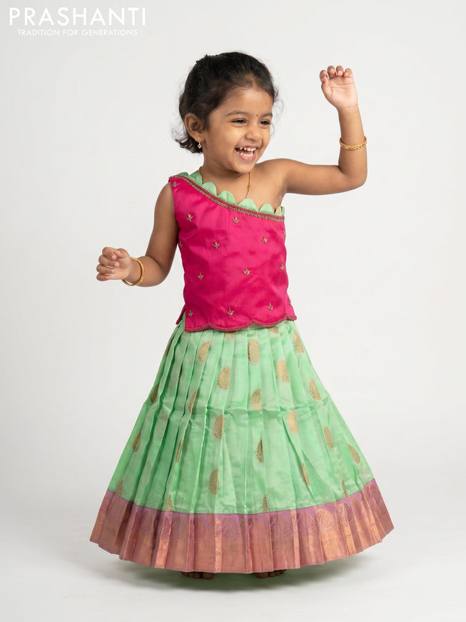 Pure silk kids Lehenga pink and mint green with embroidery neck pattern and sleeveless style