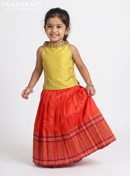 Pure silk kids Lehenga mustard shade and orange with embroidery neck pattern and sleeveless style