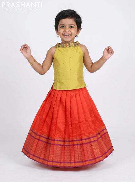 Pure silk kids Lehenga mustard shade and orange with embroidery neck pattern and sleeveless style