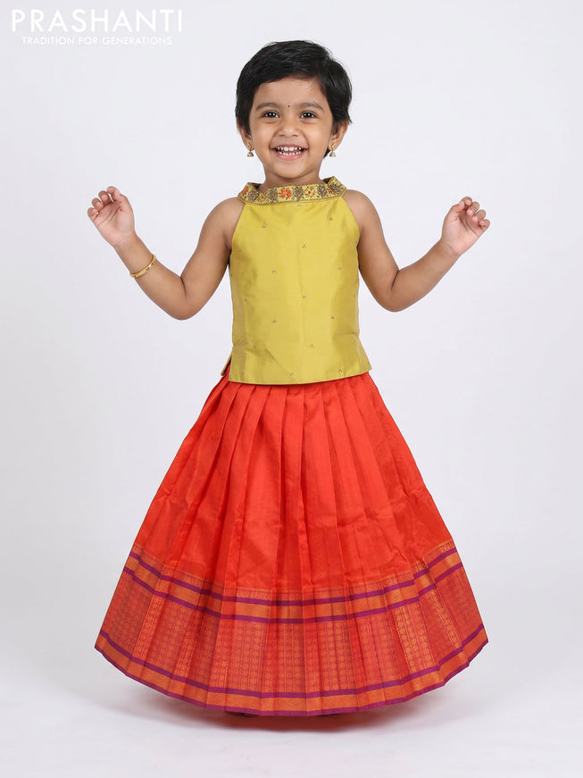 Pure silk kids Lehenga mustard shade and orange with embroidery neck pattern and sleeveless style