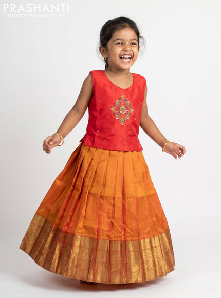 Pure silk kids Lehenga red and sunset orange with embroidery neck pattern and sleeveless style