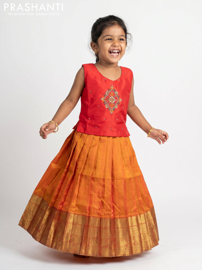 Pure silk kids Lehenga red and sunset orange with embroidery neck pattern and sleeveless style